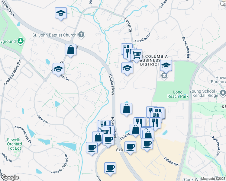 map of restaurants, bars, coffee shops, grocery stores, and more near Rouse Parkway in Columbia