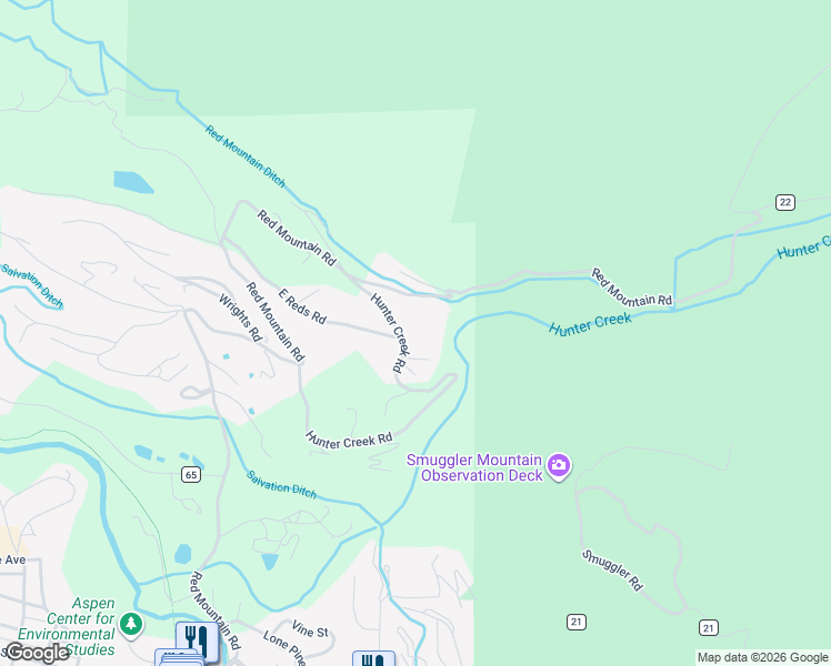 map of restaurants, bars, coffee shops, grocery stores, and more near 409 Hunter Creek Rd in Aspen
