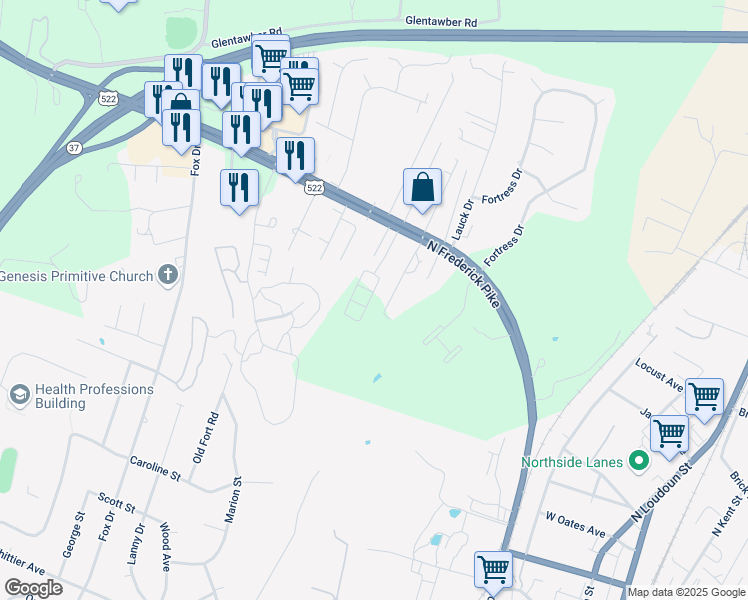 map of restaurants, bars, coffee shops, grocery stores, and more near 100 Reign Way in Winchester