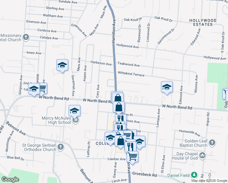 map of restaurants, bars, coffee shops, grocery stores, and more near 6230 Hamilton Avenue in Cincinnati