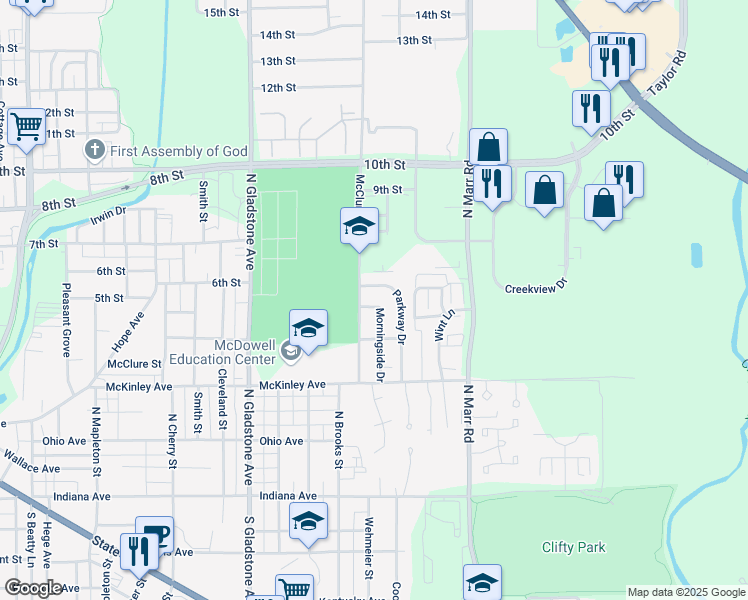 map of restaurants, bars, coffee shops, grocery stores, and more near 497 Morningside Drive in Columbus