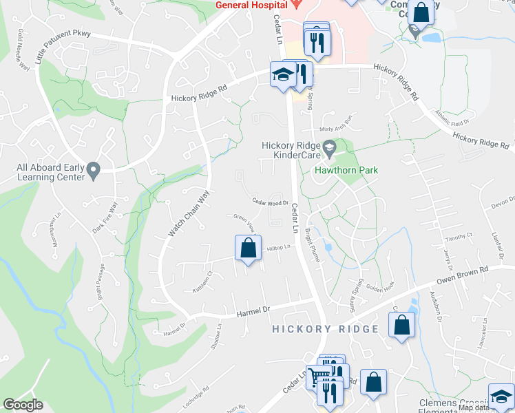 map of restaurants, bars, coffee shops, grocery stores, and more near 6055 Cedar Wood Drive in Columbia