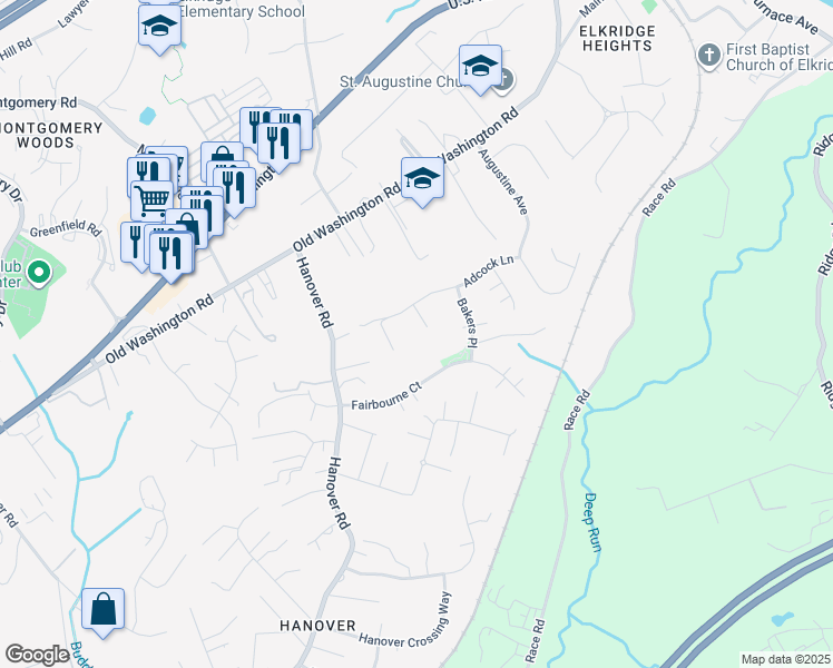 map of restaurants, bars, coffee shops, grocery stores, and more near 6114 Arrowwood Court in Hanover