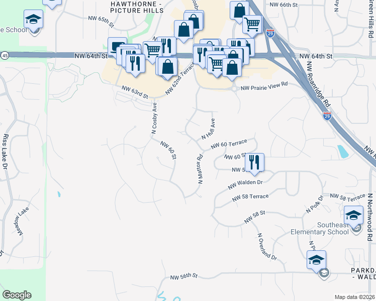 map of restaurants, bars, coffee shops, grocery stores, and more near 6108 N Mattox Rd in Kansas City