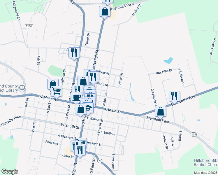 map of restaurants, bars, coffee shops, grocery stores, and more near 211 North East Street in Hillsboro