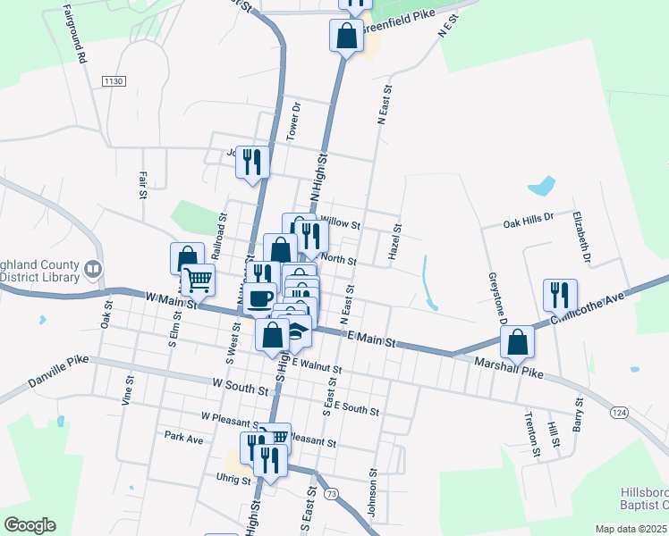 map of restaurants, bars, coffee shops, grocery stores, and more near 130 East Beech Street in Hillsboro