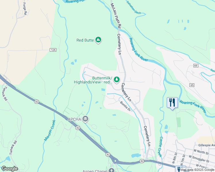 map of restaurants, bars, coffee shops, grocery stores, and more near 1495 Homestake Drive in Aspen