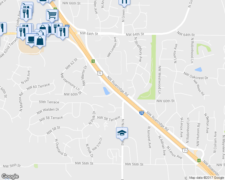 map of restaurants, bars, coffee shops, grocery stores, and more near 6012 Northwest Prairie View Road in Kansas City