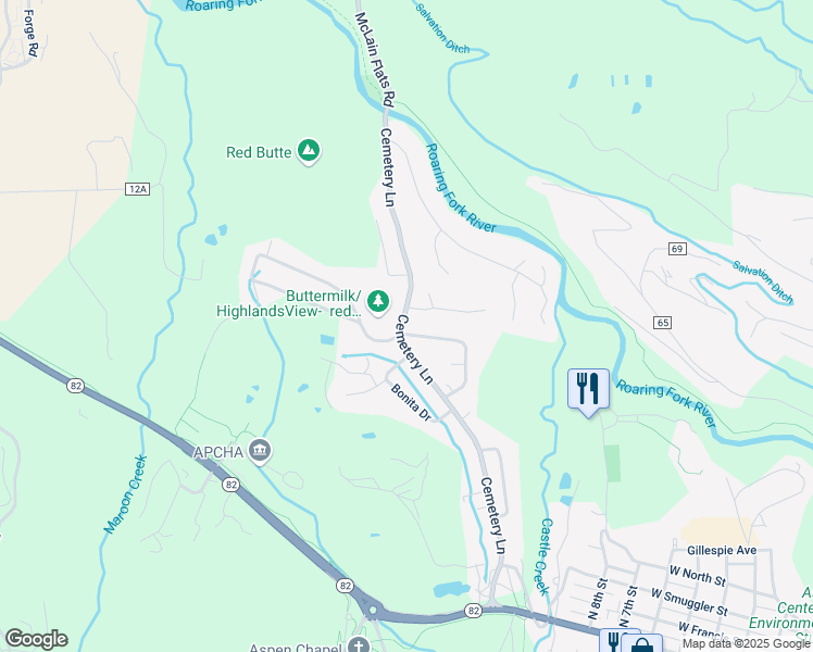 map of restaurants, bars, coffee shops, grocery stores, and more near 1392 Snowbunny Lane in Aspen