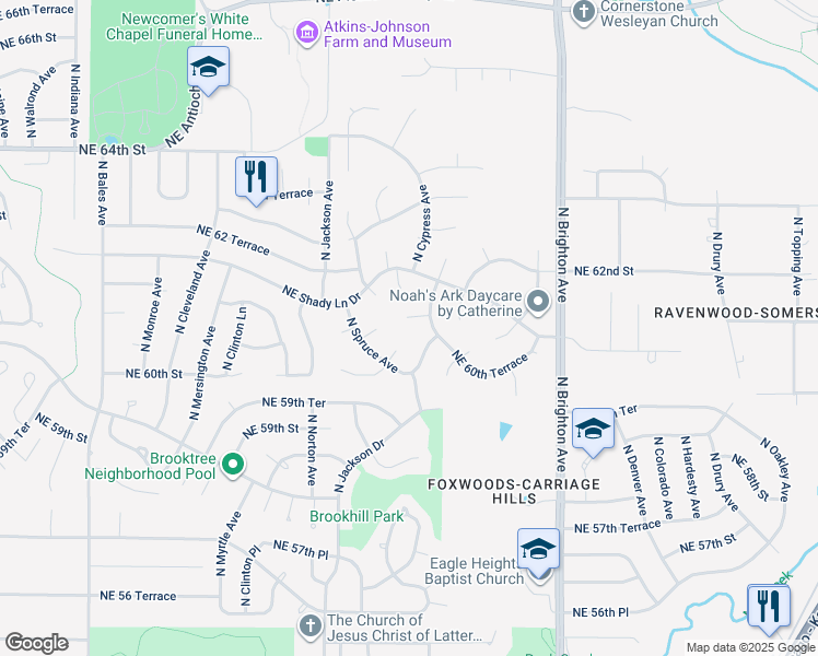 map of restaurants, bars, coffee shops, grocery stores, and more near 4407 Northeast 61st Court in Kansas City