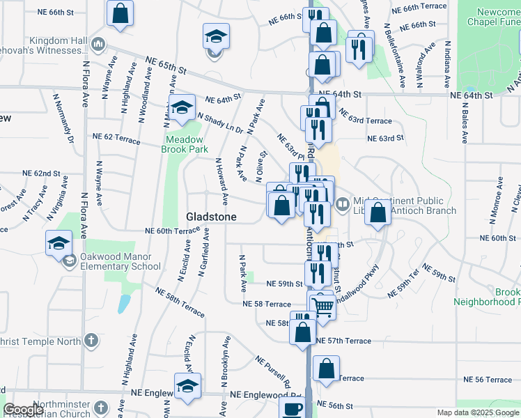 map of restaurants, bars, coffee shops, grocery stores, and more near 2305 Northeast 61st Street in Kansas City