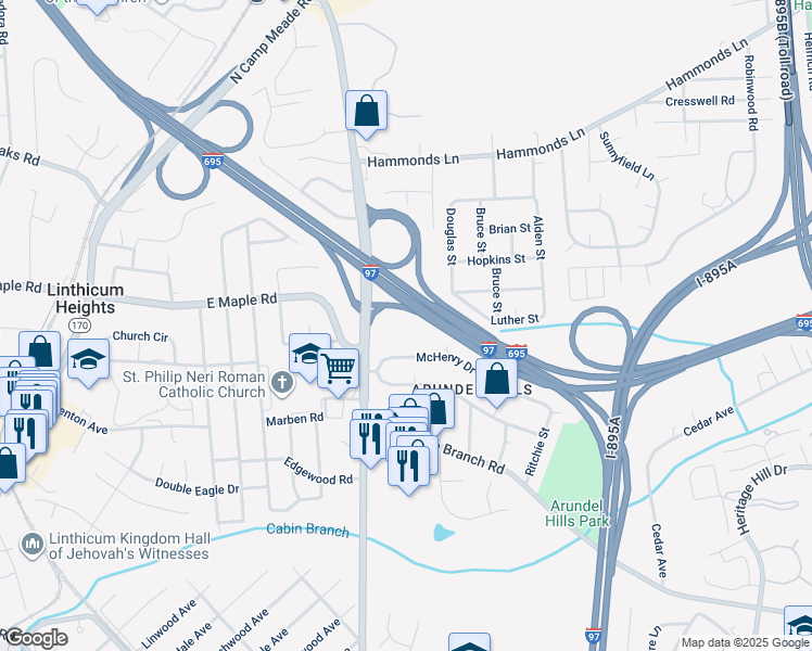 map of restaurants, bars, coffee shops, grocery stores, and more near 5728 Howard Drive in Glen Burnie