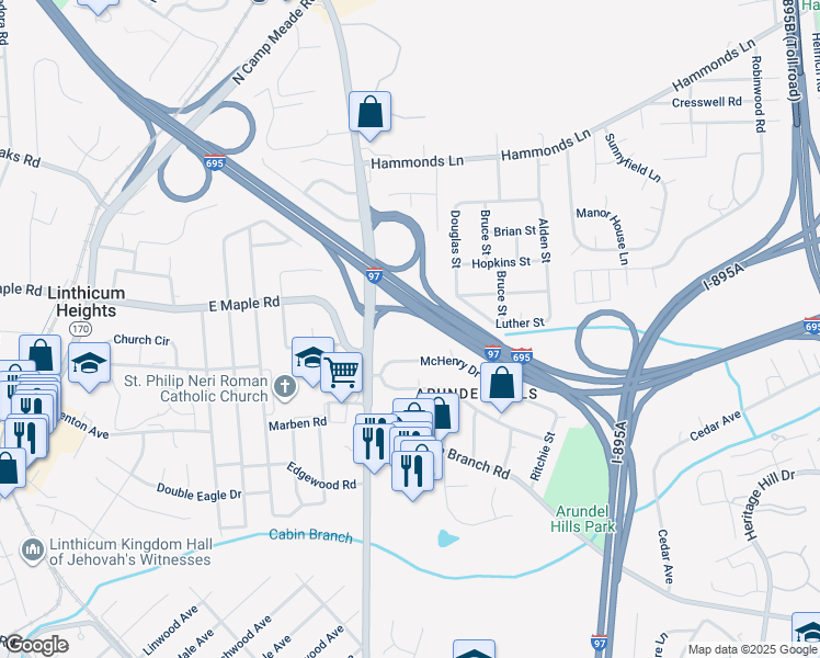 map of restaurants, bars, coffee shops, grocery stores, and more near 5728 Howard Drive in Glen Burnie