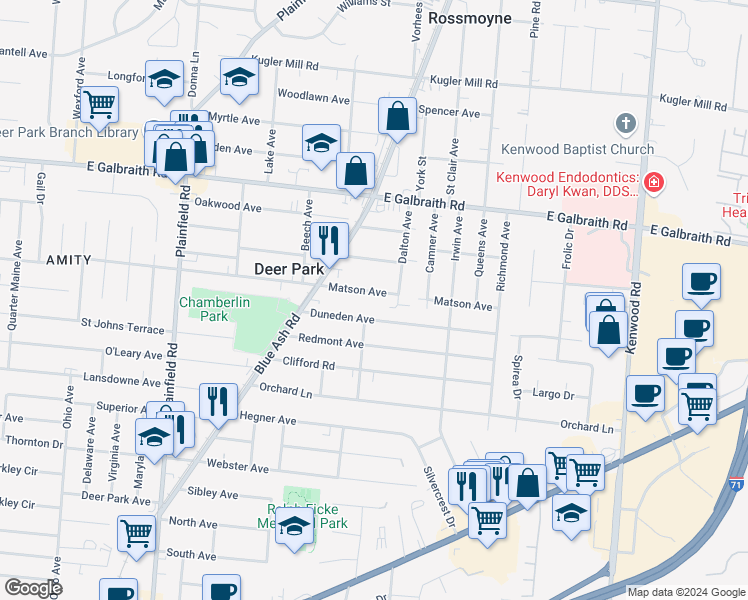 map of restaurants, bars, coffee shops, grocery stores, and more near 4270 Duneden Avenue in Cincinnati