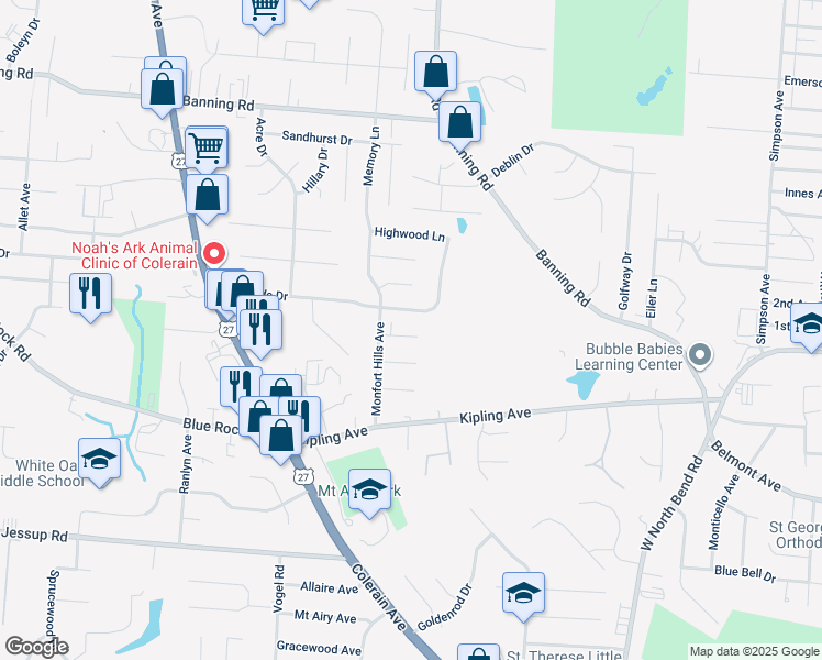 map of restaurants, bars, coffee shops, grocery stores, and more near 2501 Flanigan Court in Cincinnati