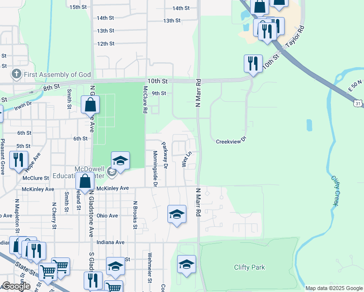 map of restaurants, bars, coffee shops, grocery stores, and more near 302 Stonegate Drive in Columbus