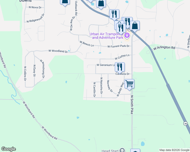map of restaurants, bars, coffee shops, grocery stores, and more near 4006 West Mary Anns Way in Bloomington