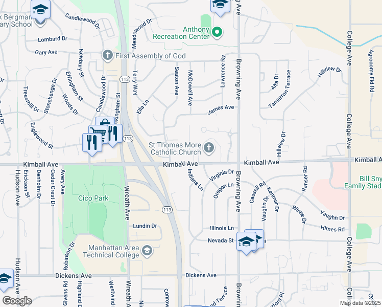 map of restaurants, bars, coffee shops, grocery stores, and more near 3020 Kimball Avenue in Manhattan