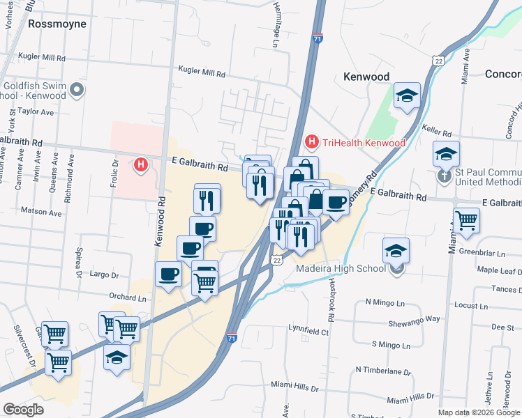 map of restaurants, bars, coffee shops, grocery stores, and more near 5901 East Galbraith Road in Cincinnati