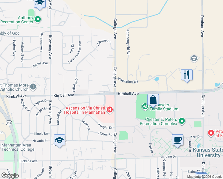 map of restaurants, bars, coffee shops, grocery stores, and more near 2400 Greenbriar Drive in Manhattan