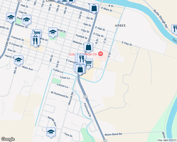 map of restaurants, bars, coffee shops, grocery stores, and more near 1017 Bridge St in Colusa
