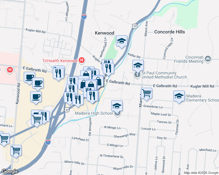 map of restaurants, bars, coffee shops, grocery stores, and more near 7223 Crinstead Court in Cincinnati