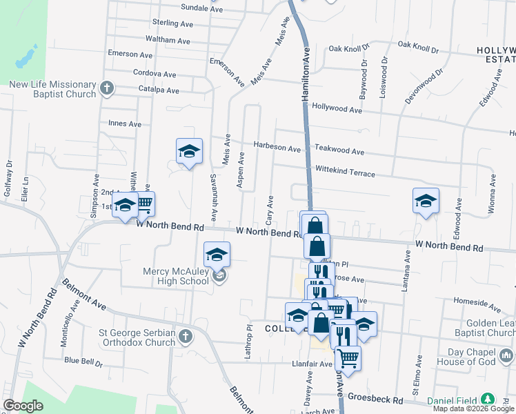 map of restaurants, bars, coffee shops, grocery stores, and more near 6223 Cary Avenue in Cincinnati