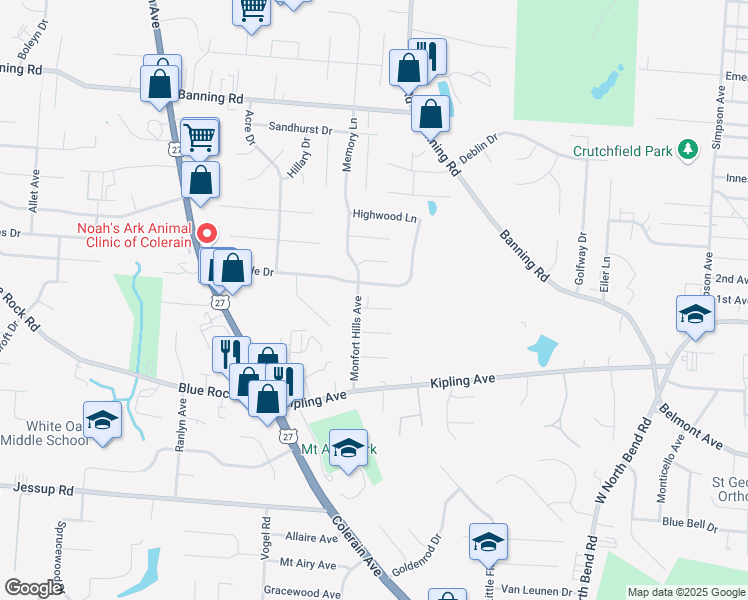 map of restaurants, bars, coffee shops, grocery stores, and more near 2537 Flanigan Court in Cincinnati