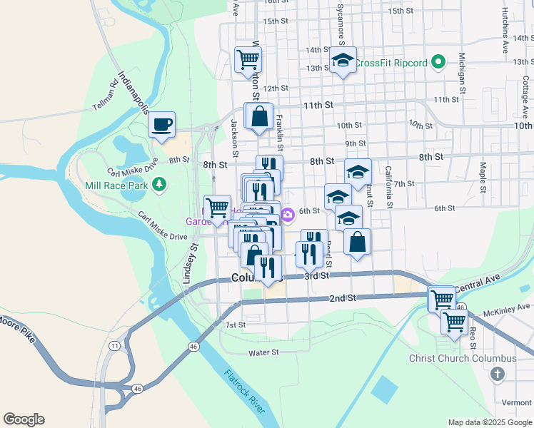 map of restaurants, bars, coffee shops, grocery stores, and more near 522 Washington Street in Columbus