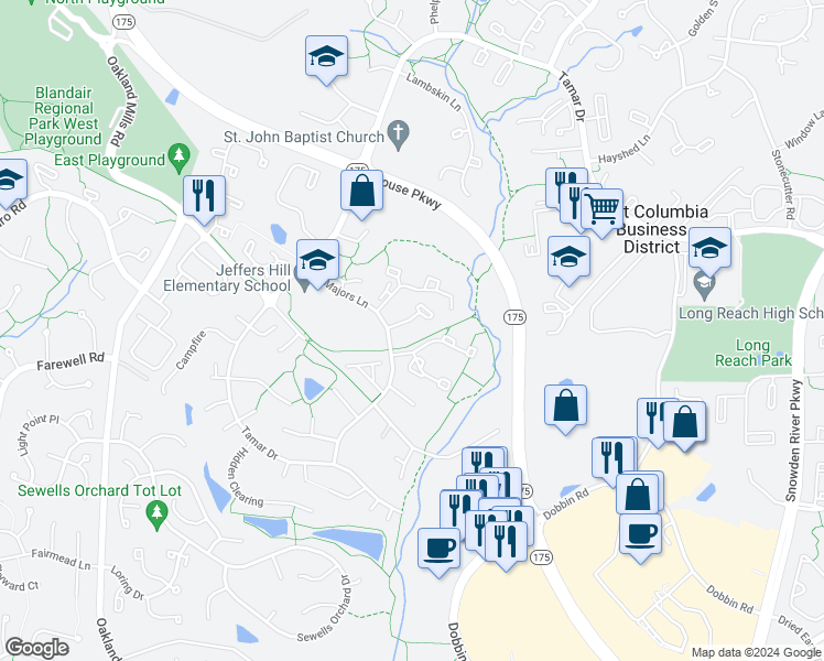 map of restaurants, bars, coffee shops, grocery stores, and more near 6087 Majors Lane in Columbia