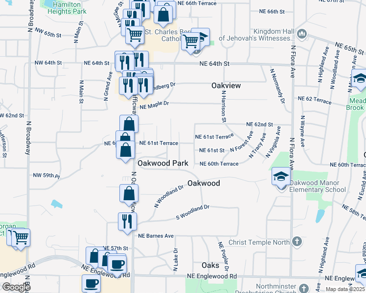 map of restaurants, bars, coffee shops, grocery stores, and more near 6113 Northeast Meadow Lane in Kansas City