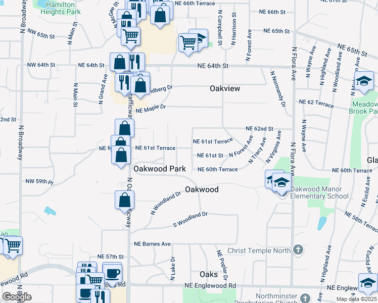 map of restaurants, bars, coffee shops, grocery stores, and more near 6105 Northeast Meadow Lane in Kansas City