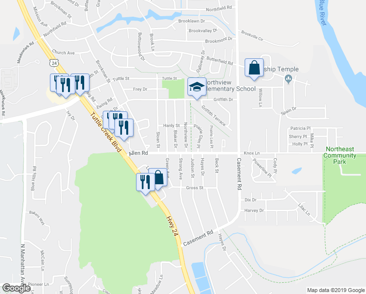 map of restaurants, bars, coffee shops, grocery stores, and more near 2107 Northview Drive in Manhattan