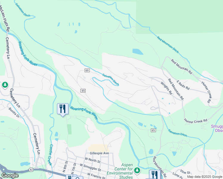 map of restaurants, bars, coffee shops, grocery stores, and more near 180 Bonita Drive in Aspen