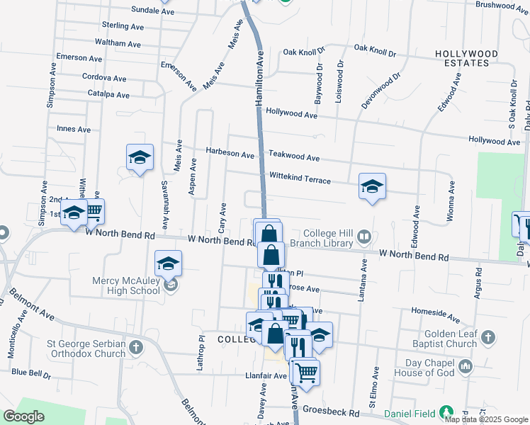 map of restaurants, bars, coffee shops, grocery stores, and more near 6230 Hamilton Avenue in Cincinnati