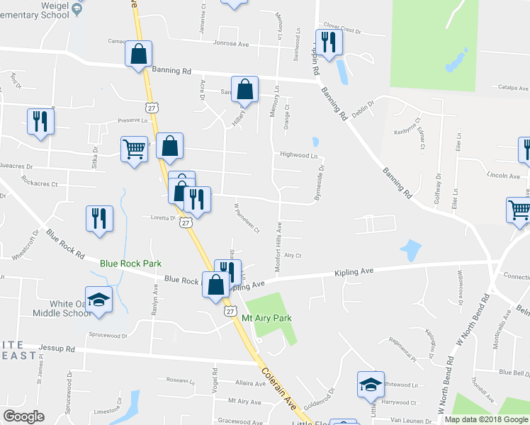 map of restaurants, bars, coffee shops, grocery stores, and more near 5848 West Pameleen Court in Cincinnati