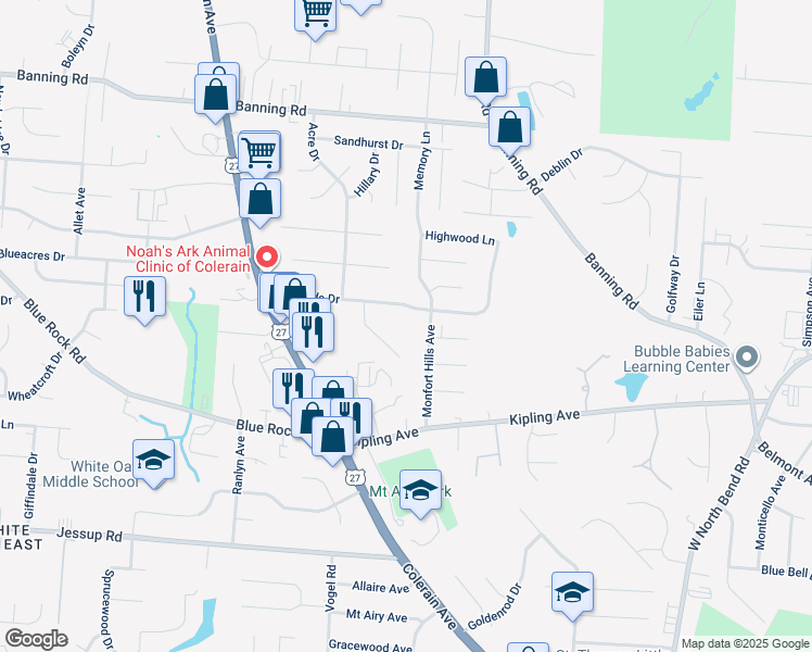 map of restaurants, bars, coffee shops, grocery stores, and more near 5848 West Pameleen Court in Cincinnati