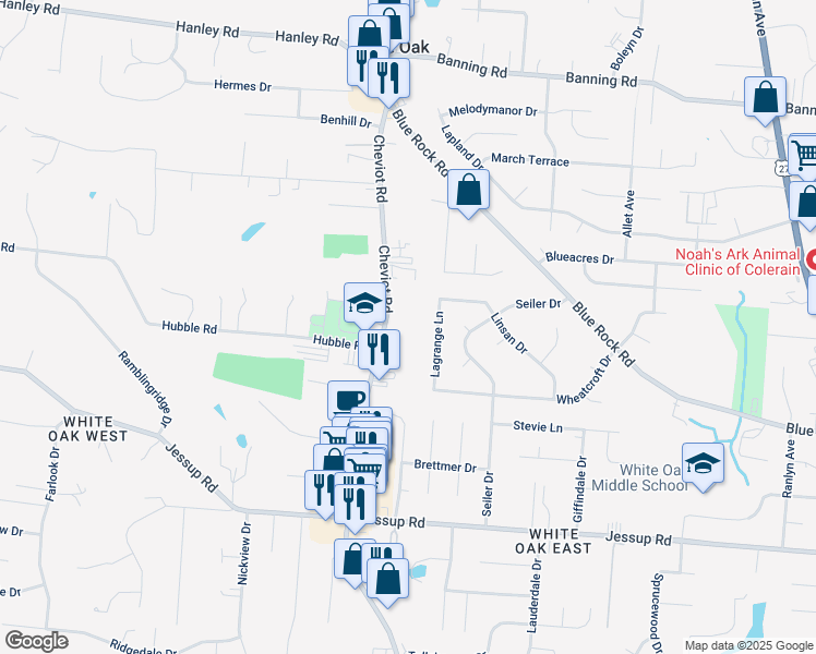 map of restaurants, bars, coffee shops, grocery stores, and more near 6216 Cheviot Road in Cincinnati