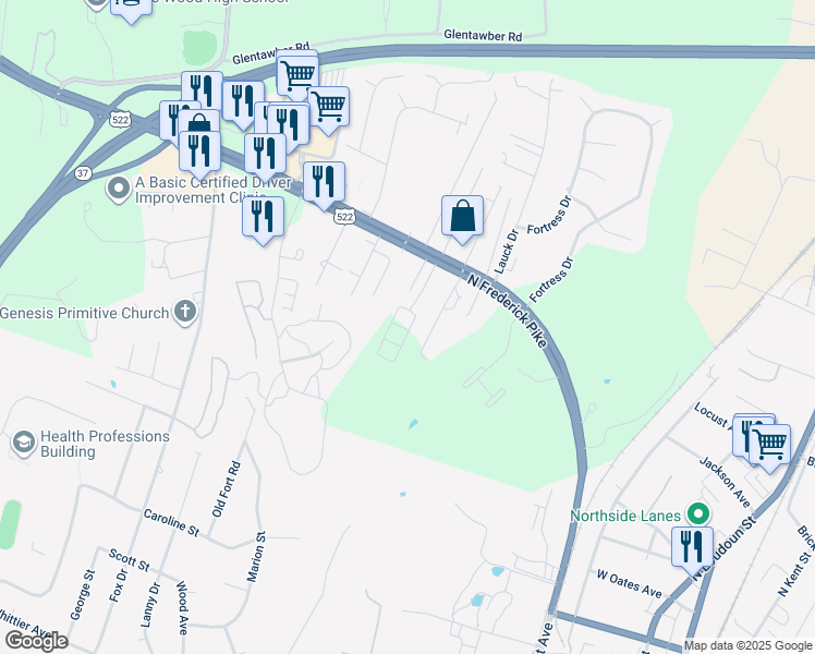 map of restaurants, bars, coffee shops, grocery stores, and more near 113 Lance Way in Winchester