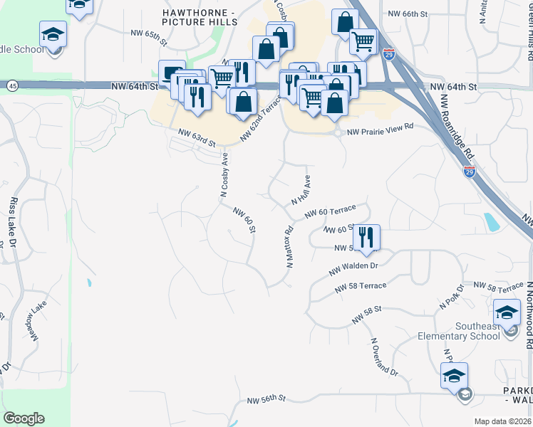 map of restaurants, bars, coffee shops, grocery stores, and more near 6108 North Mattox Road in Kansas City