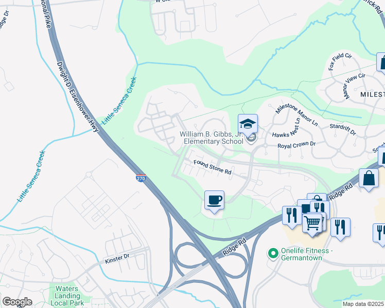 map of restaurants, bars, coffee shops, grocery stores, and more near 21211 Delevan Way in Germantown