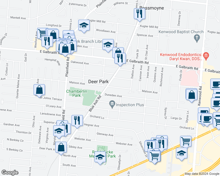 map of restaurants, bars, coffee shops, grocery stores, and more near 4246 Duneden Avenue in Cincinnati