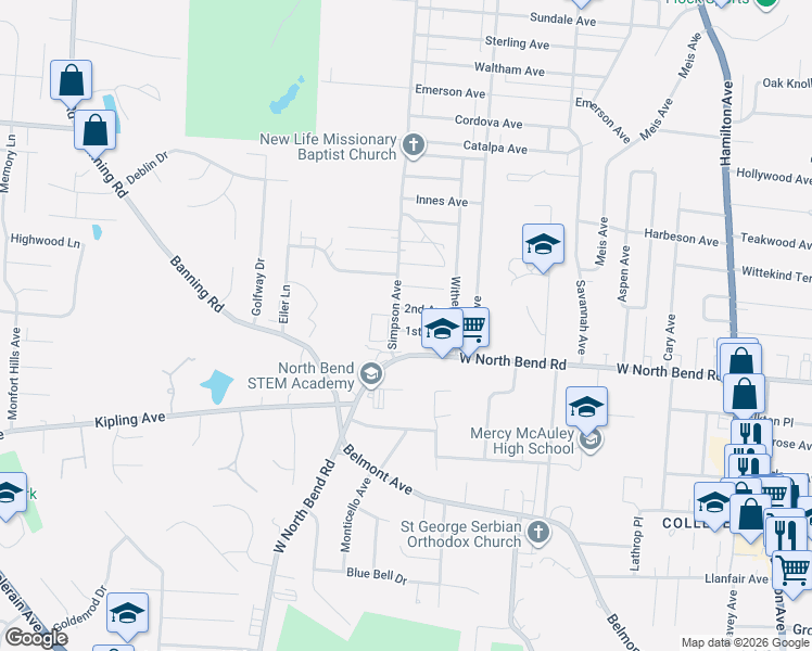 map of restaurants, bars, coffee shops, grocery stores, and more near 2062 West North Bend Road in Cincinnati