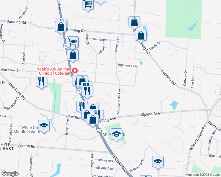 map of restaurants, bars, coffee shops, grocery stores, and more near 5848 West Pameleen Court in Cincinnati