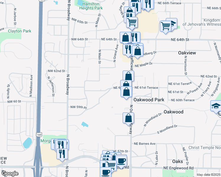 map of restaurants, bars, coffee shops, grocery stores, and more near 41 Northeast 60th Terrace in Gladstone