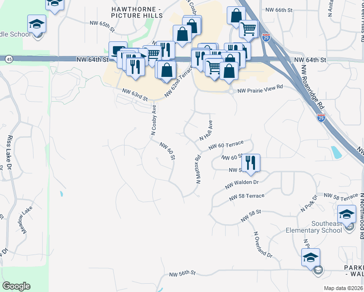 map of restaurants, bars, coffee shops, grocery stores, and more near 6108 North Mattox Road in Kansas City
