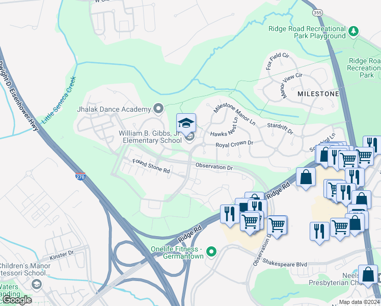 map of restaurants, bars, coffee shops, grocery stores, and more near 12615 Royal Crown Drive in Germantown