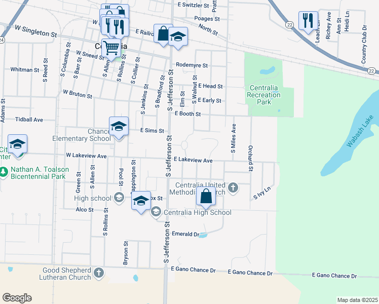 map of restaurants, bars, coffee shops, grocery stores, and more near 2 Sunrise Circle in Centralia