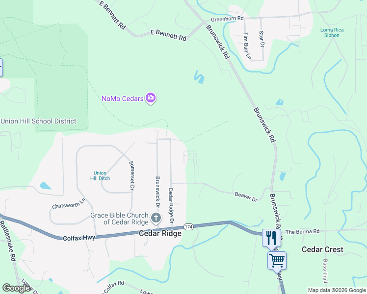 map of restaurants, bars, coffee shops, grocery stores, and more near 11071 Cedar Ridge Drive in Grass Valley