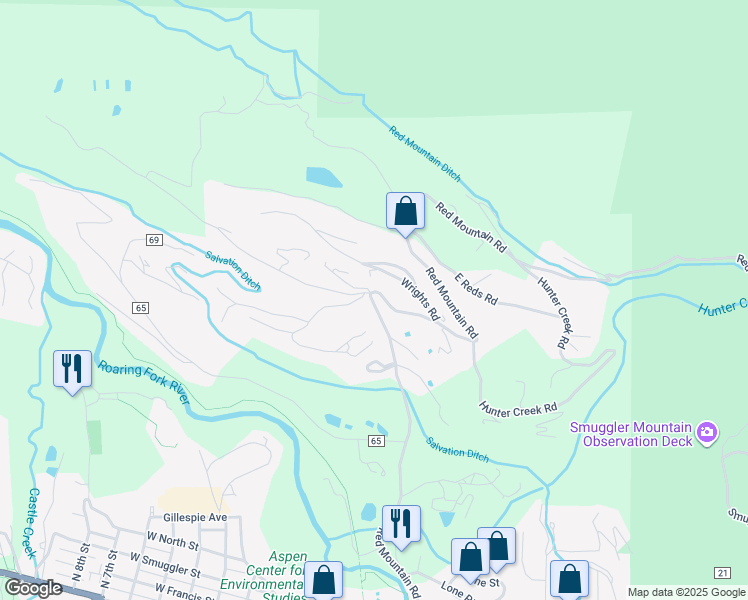 map of restaurants, bars, coffee shops, grocery stores, and more near 836 Red Mountain Road in Aspen